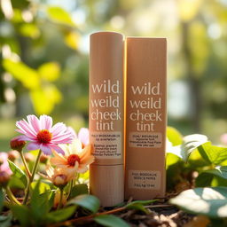 A creative depiction of a dual-purpose lip and cheek tint, elegantly housed in a fully biodegradable tube made from pressed sugarcane pulp