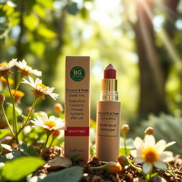 A creative depiction of a dual-purpose lip and cheek tint, elegantly housed in a fully biodegradable tube made from pressed sugarcane pulp