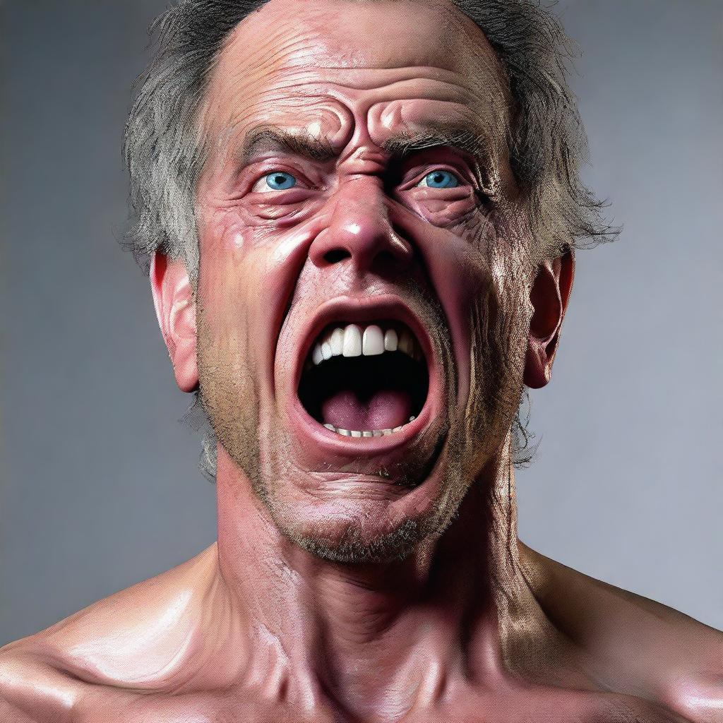 A hyper-realistic digital art piece depicts a man in shock, focusing on the upper half of his body