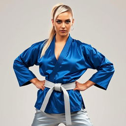 A beautiful Caucasian woman, showcasing her martial arts expertise
