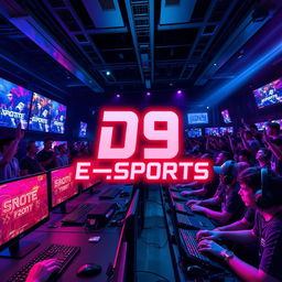 A dynamic and visually appealing e-sports scene featuring a vibrant gaming atmosphere