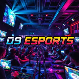 A dynamic and visually appealing e-sports scene featuring a vibrant gaming atmosphere