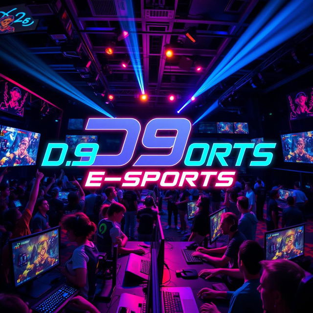 A dynamic and visually appealing e-sports scene featuring a vibrant gaming atmosphere