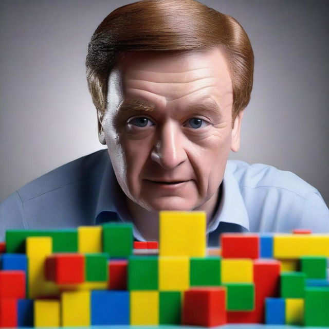 A hyper-realistic digital art piece portrays a man looking confused while assembling Lego blocks