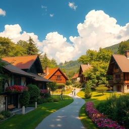 A picturesque village scene featuring several charming houses made of wood and stone, nestled among lush green trees
