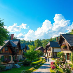 A picturesque village scene featuring several charming houses made of wood and stone, nestled among lush green trees