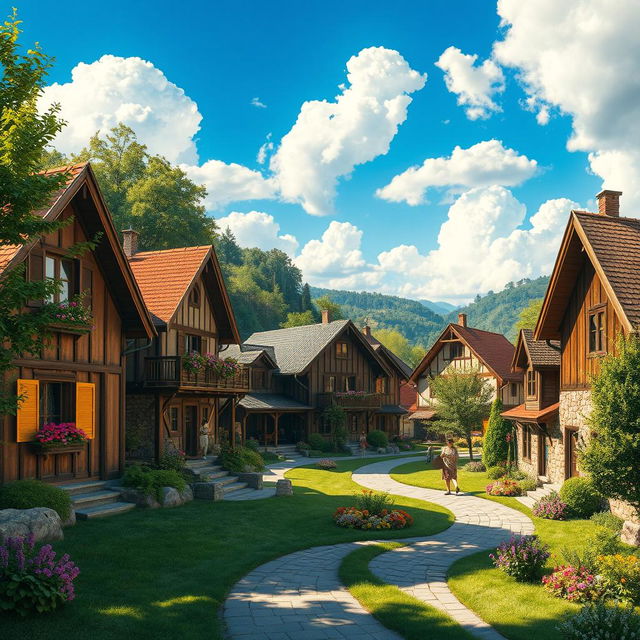 A picturesque village scene featuring several charming houses made of wood and stone, nestled among lush green trees