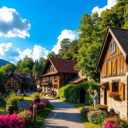 A picturesque village scene featuring several charming houses made of wood and stone, nestled among lush green trees