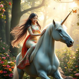 A beautiful 20-year-old Vietnamese girl riding a majestic unicorn, with flowing hair cascading down her shoulders