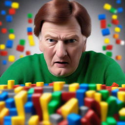 A hyper-realistic digital art piece portrays a man looking confused while assembling Lego blocks