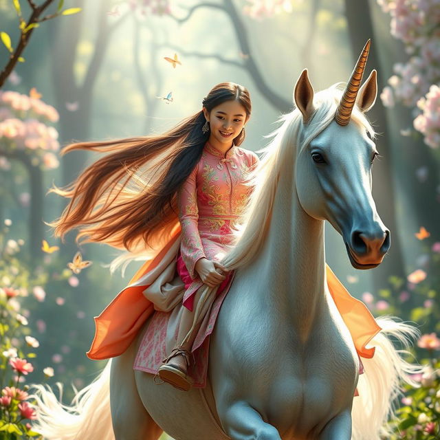 A beautiful 20-year-old Vietnamese girl riding a majestic unicorn, with flowing hair cascading down her shoulders