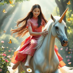 A beautiful 20-year-old Vietnamese girl riding a majestic unicorn, with flowing hair cascading down her shoulders