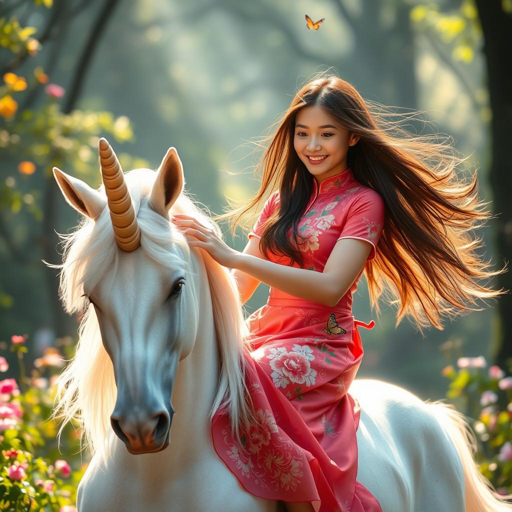 A beautiful 20-year-old Vietnamese girl riding a majestic unicorn, with flowing hair cascading down her shoulders