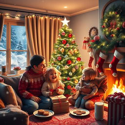 A delightful and heartwarming Christmas scene featuring a cozy living room adorned with twinkling fairy lights and festive decorations