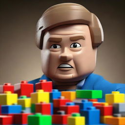 A hyper-realistic digital art piece portrays a man looking confused while assembling Lego blocks