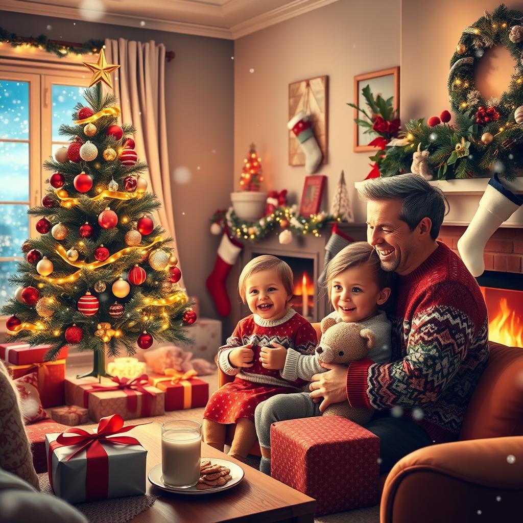 A delightful and heartwarming Christmas scene featuring a cozy living room adorned with twinkling fairy lights and festive decorations