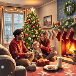 A delightful and heartwarming Christmas scene featuring a cozy living room adorned with twinkling fairy lights and festive decorations