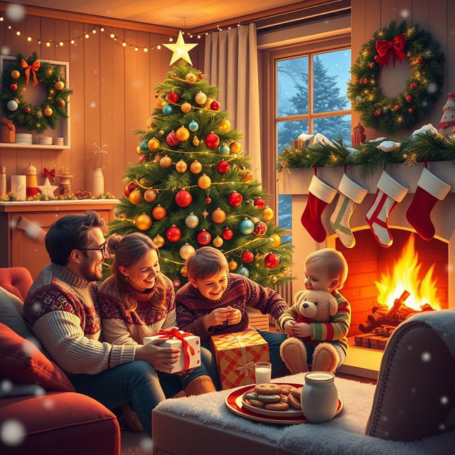 A delightful and heartwarming Christmas scene featuring a cozy living room adorned with twinkling fairy lights and festive decorations