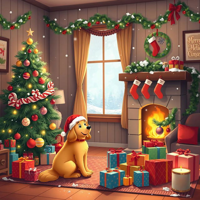 A whimsical and cute Christmas scene featuring a cozy living room decorated for the holidays