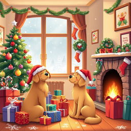 A whimsical and cute Christmas scene featuring a cozy living room decorated for the holidays