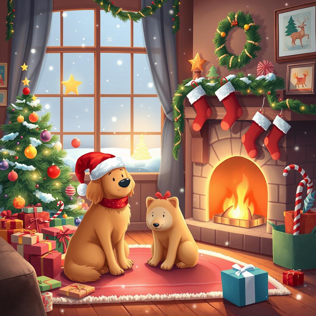 A whimsical and cute Christmas scene featuring a cozy living room decorated for the holidays