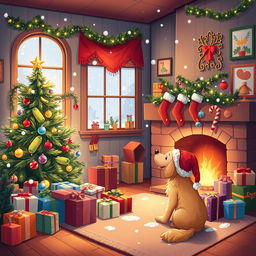 A whimsical and cute Christmas scene featuring a cozy living room decorated for the holidays
