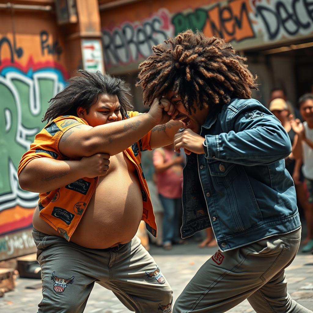 A dynamic scene depicting a semi-chubby person engaged in a lively fight with another person who has curly hair