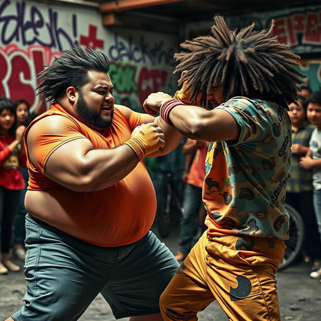 A dynamic scene depicting a semi-chubby person engaged in a lively fight with another person who has curly hair