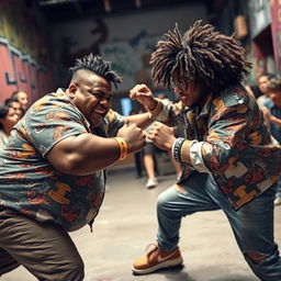 A dynamic scene depicting a semi-chubby person engaged in a lively fight with another person who has curly hair