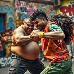 A dynamic scene depicting a semi-chubby person engaged in a lively fight with another person who has curly hair