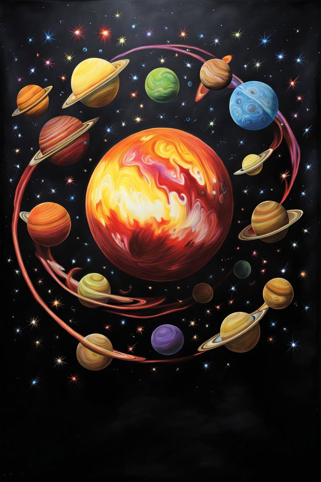 A vibrant, high-definition crayon drawing of our solar system, with each planet distinct and colorfully rendered