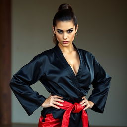 A beautiful Caucasian woman, showcasing her skills as a martial arts expert and dominatrix