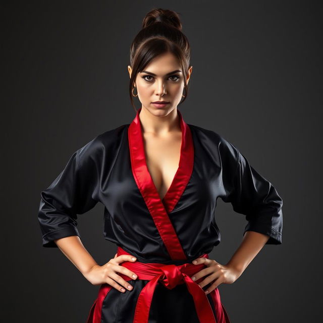 A beautiful Caucasian woman, showcasing her skills as a martial arts expert and dominatrix