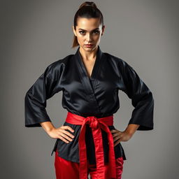 A beautiful Caucasian woman, showcasing her skills as a martial arts expert and dominatrix