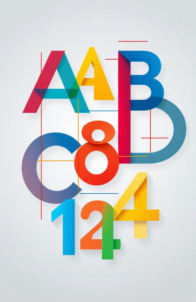 An abstract composition featuring the letters 'A', 'B', 'C', 'D' and the numbers '1', '2', '3', '4' arranged in a visually striking pattern