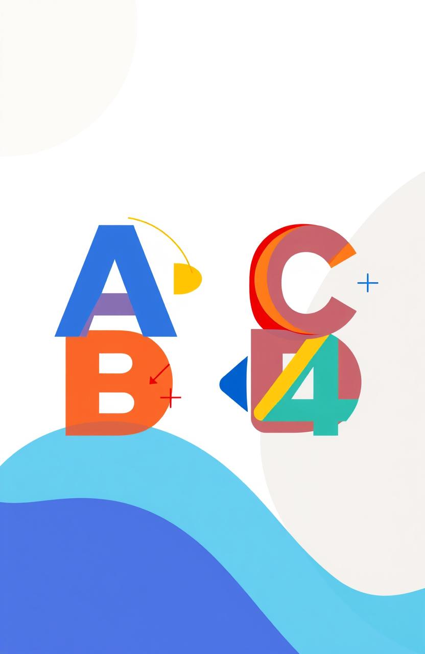 An abstract composition featuring the letters 'A', 'B', 'C', 'D' and the numbers '1', '2', '3', '4' arranged in a visually striking pattern