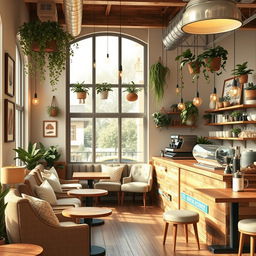 An interior design concept for a cozy cafe, featuring warm lighting, rustic wooden furniture, and a mix of comfy seating options such as plush armchairs and small tables