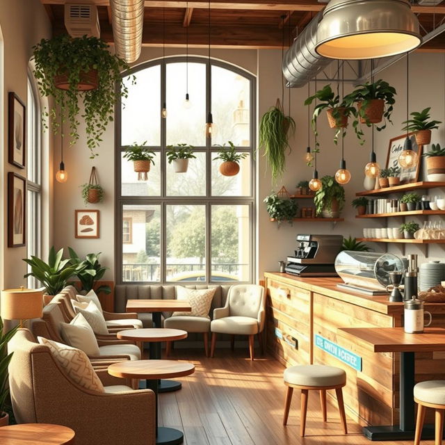 An interior design concept for a cozy cafe, featuring warm lighting, rustic wooden furniture, and a mix of comfy seating options such as plush armchairs and small tables