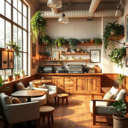 An interior design concept for a cozy cafe, featuring warm lighting, rustic wooden furniture, and a mix of comfy seating options such as plush armchairs and small tables