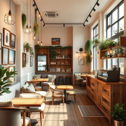 An interior design concept for a cozy cafe, featuring warm lighting, rustic wooden furniture, and a mix of comfy seating options such as plush armchairs and small tables
