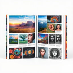 A beautifully crafted art book showcasing a diverse range of AI-generated artwork, featuring stunning digital landscapes, intricate abstract designs, and expressive portraits