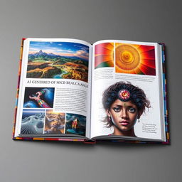 A beautifully crafted art book showcasing a diverse range of AI-generated artwork, featuring stunning digital landscapes, intricate abstract designs, and expressive portraits