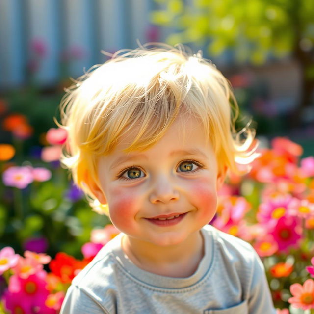 A small, cute boy with shiny yellow hair and innocent green eyes, slightly blushing cheeks, standing in a vibrant outdoor setting filled with colorful flowers