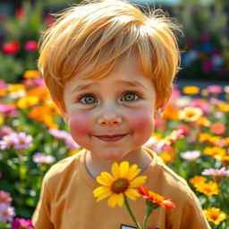 A small, cute boy with shiny yellow hair and innocent green eyes, slightly blushing cheeks, standing in a vibrant outdoor setting filled with colorful flowers