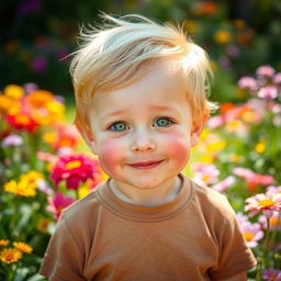 A small, cute boy with shiny yellow hair and innocent green eyes, slightly blushing cheeks, standing in a vibrant outdoor setting filled with colorful flowers