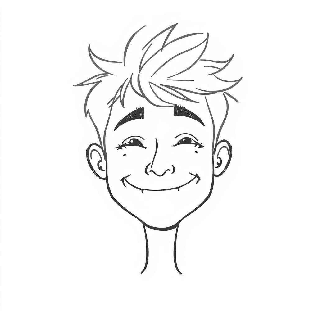 A simple, hand-drawn caricature of a young man with messy hair and a friendly smile