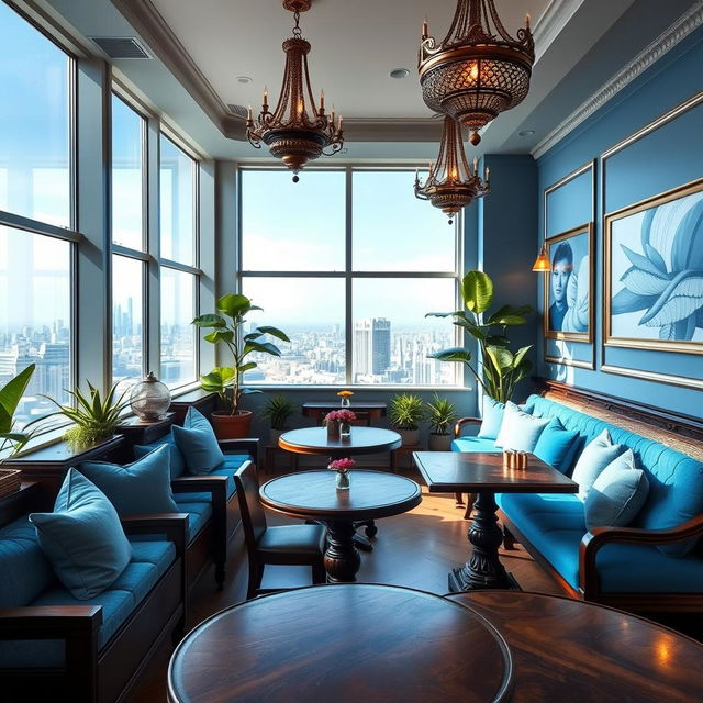 A beautifully designed interior of a cafe with an azure theme, located on the third floor