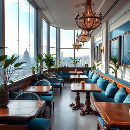 A beautifully designed interior of a cafe with an azure theme, located on the third floor