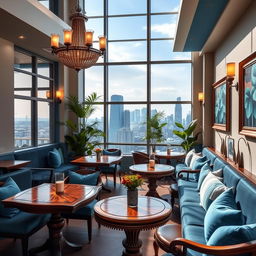 A beautifully designed interior of a cafe with an azure theme, located on the third floor