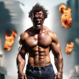 A high-quality, hyper-realistic digital art piece portrays a man in a state of anger, showcasing his full body